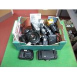 Cameras. Canon Eos 100, with Tamron lens, Fuji, Halina, Hanimex, Olympus, etc:- One Box