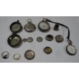 A Gold Signet Ring, stamped .375, silver hallmarked pocket fob watches, silver content coinage, cane