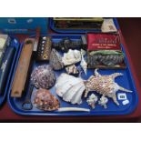 Mahogany Cased Weights, pen case, sea shells, needles, iron door stop, etc:- One Tray