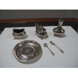 A Hallmarked Silver Three Piece Cruet, with associated spoons and a hallmarked silver dish,