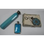 A Hallmarked Silver And Turquoise Enamel Scent Bottle, of slim rectangular form, together with a