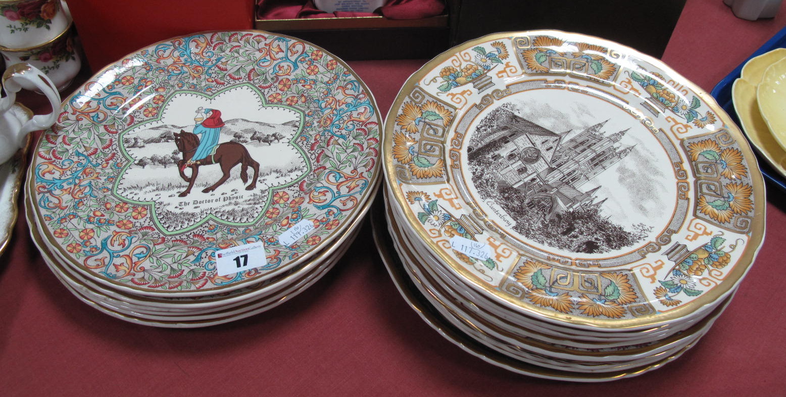 A Set of Six Mason's Chaucer's Canterbury Pilgrims Plates, numbers 1-6; six Christmas Cathedral