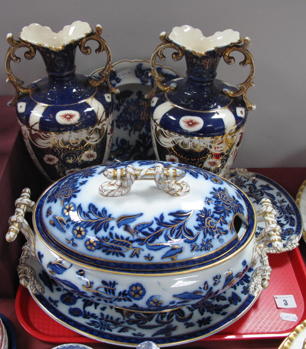 A Pair of Early XX Century Twin Handled Vases, decorated in the Imari Palette; an Ashworth's