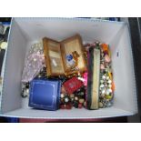 A Mixed Lot of Assorted Costume Jewellery, including amber bead necklace, beads, fan in box, etc:-