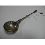 A Decorative Victorian Hallmarked Silver Sifter Spoon, with pierced bowl and twisted apostle