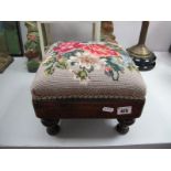 A XIX Century Mahogany and Pine Stool, with turned legs and later needlework top.