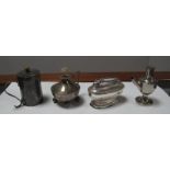 A Hallmarked Silver Burner / Lamp, with angular loop handle, raised on four ball feet, together with