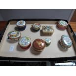 Nine Porcelain Pill Boxes By Halcyon Days And Crummles, varying designs:- One Tray