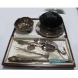 A Hallmarked Silver Mounted Pin Cushion/Trinket Box, two hallmarked silver teaspoons, a hallmarked