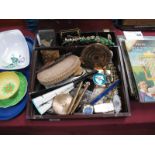 Ladies Powder Compacts, pill boxes, fan, scent, head bands, beaded purses, etc contained in a