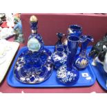 Overlaid Blue Glass Vases, tots, etc:- One Tray