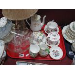 Hummel Pottery Table Lamp, Royal Albert coffee ware, Derby jam pot, other china, glassware:- One