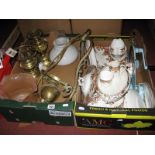 China, etc, bell, slicer, brass oil lamp converted to electric, two brass lamps, etc:- Two Boxes