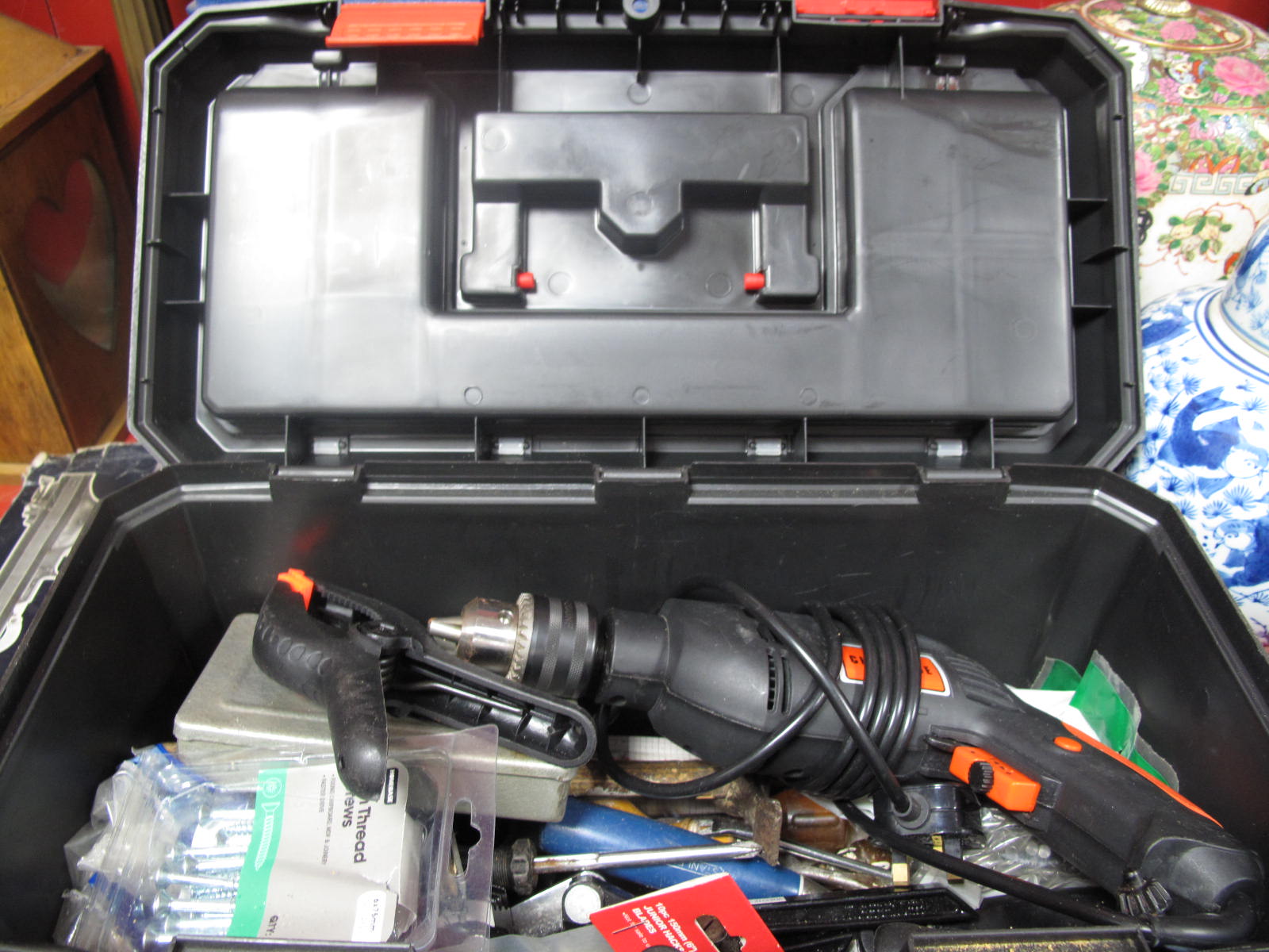 Tools - Drill driver, tool kit, Wolf Sapphire case with circular saw blades, Westfalia tool chest