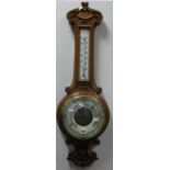 A Late XIX Century Oak Cased Banjo Barometer, with thermometer to neck.