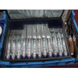 Kings Pattern Fish Knives, forks, with silver handles (cased), steak knives with horn handles,