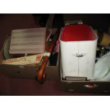 Enamel Bread Bin, Pyrex glassware, soda syphon, storage jars, shoe trees, sewing accessories,