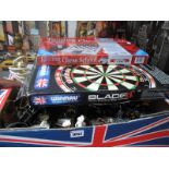 Winmau Dartboard, (boxed), cased darts, model motorbikes, clocks, table lamp, New York wall