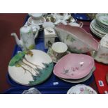 An Art Deco Pottery Wall Plate, Maling fan vase, Carlton bird box, etc:- One Tray