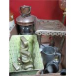 Brass Avery Weight, trivet stand, copper ships mast lamp, tankards, etc:- One Box