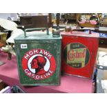 Two Vintage Petrol Cans, in red and painted green, each with applied reproduction advertising