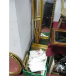 Linens, pictures, brass candlesticks, jewellery, etc:- One Box; together with mirror and crutches