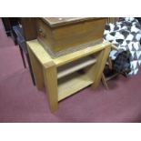 A Light Oak Hifi Cabinet, with an open shelf, stile supports.