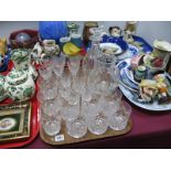 A Decanter, water jug, whisky, wine and other drinking glasses:- One Tray