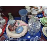 A Wedgwood Jasper Ware Vase, cake plates, Mason's style ironstone jug, pressed glass biscuit