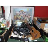 A Ukulele, with shevron inlay, camera clamps, goblets, oil study, signed promotional photographs, (