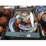 Wooden Bowls, studio pottery, Oriental ginger jar etc:- Two Boxes