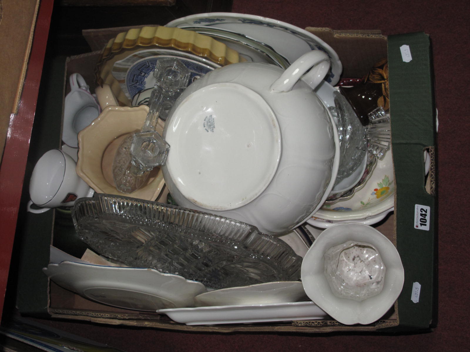 A Chamber Pot, glass tray, Staffordshire vase, etc:- One Box