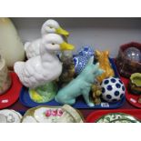 A Sylvac Type Dog, Just cats, pottery ducks, etc:- One Tray