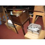 An Oak Needlework Table and Contents, carry case, file, walking cane.