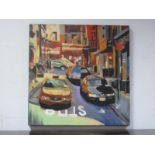 A Print on Canvas of a Street Scene with Cars.