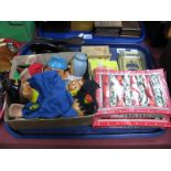 A Box Containing Six Circa 1950's Glove Puppets, two boxes of vintage Christmas crackers, a
