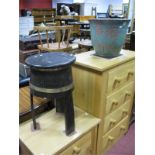 Stoneware Jardiniere, together with an oak stool with brass strapwork. (2)