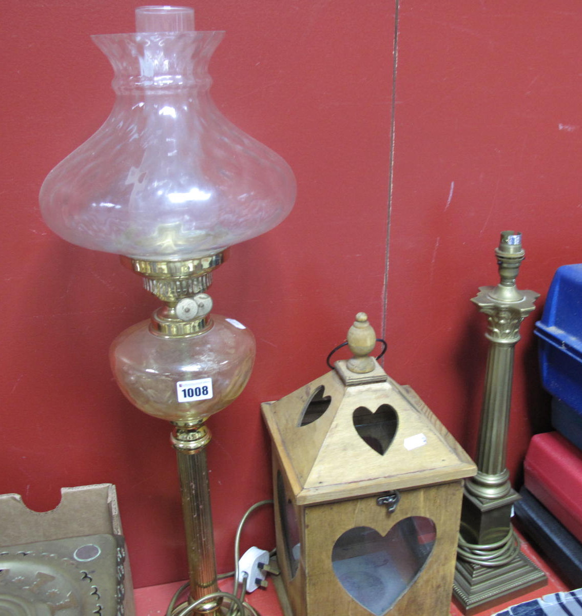 An Electric Lamp as an Oil Lamp, Corinthian table lamp, bird feeding box. (3) (Untested sold for