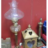 An Electric Lamp as an Oil Lamp, Corinthian table lamp, bird feeding box. (3) (Untested sold for