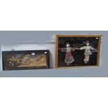 Two Japanese Dolls, in embroidered dress (framed); together with a Japanese 3D cork picture in an