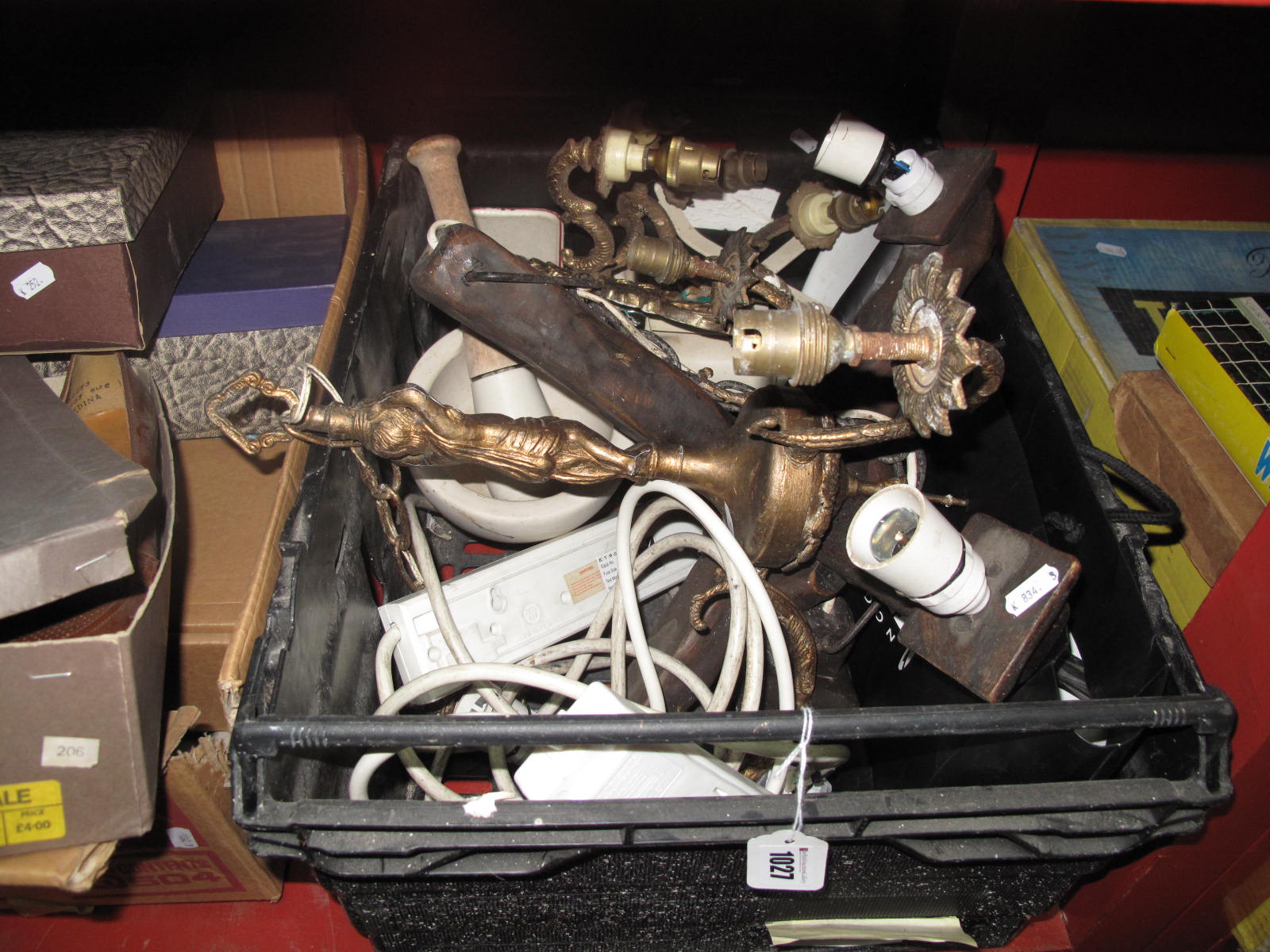 Ceiling Lights, Rex Scald and weights, desk stand, mortar and pestle:- One Box (Untested sold for