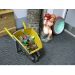 A Painted Cherub Pedestal Garden Bird Bath, various garden ornaments and a painted child's wooden