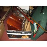 Table Top Games Table, hardwood stationery box, pewter bowl, copper hunting horn, walking stick:-