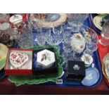 A Spode Heart Shape Trinket Box, Aynsley 'Wild Tudor' clock, Albert trinket pot, glassware, etc:-