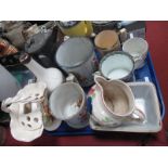 A XIX Century Pottery Ploughmans Mug, frog mugs (damages), wood basket, Spode Plymouth decanter,