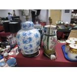 A Large Blue and White Pottery Table Lamp, formed as a Chinese style ovoid jar and cover, and