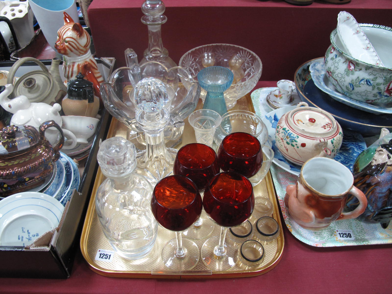 Cut Glass Ships Decanter, other decanters, hyacinth vase, bowls, salts etc:- One Tray
