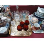 Cut Glass Ships Decanter, other decanters, hyacinth vase, bowls, salts etc:- One Tray