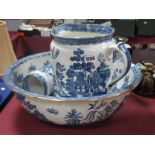 A Cetcm Willow Pattern Jug and Bowl, brush holder.