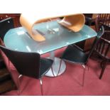 An Italian Heavy Circular Plate Glass Dining Table, on grey metal pedestal; four 'The Chair Company'